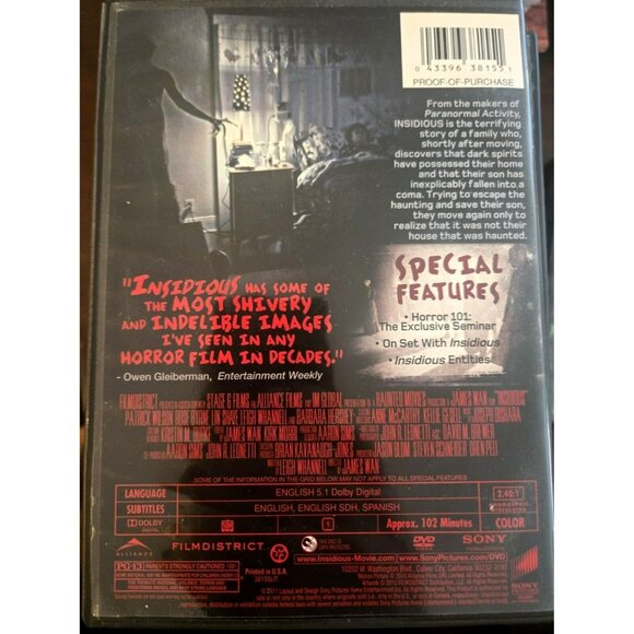 Insidious DVD Movie - Fred Weintraub, H. Daniel Gross, Jason Blum 2010 - Picture 2 of 2